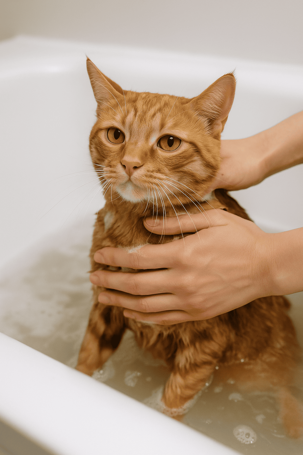 Gato atigrado naranja dentro de una bañera blanca siendo sostenido suavemente por unas manos durante el baño